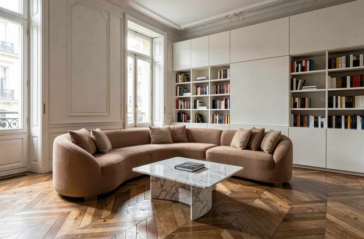 Salon contemporain haut de gamme avec canapé bouclé courbe, table en marbre et bibliothèque sur mesure, réalisé par l'agence Lmdeco à Toulouse