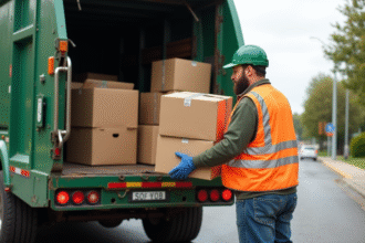 Agent municipal en gilet réfléchissant chargeant du carton recyclé