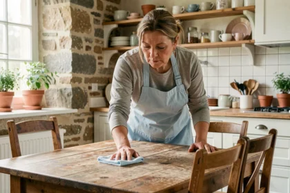 Aide ménagère essuyant une table en bois dans une cuisine bretonne à Vannes
