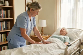 Aide ménagère en uniforme qui range la table de chevet d'un patient en hospitalisation à domicile dans un salon aménagé en chambre de soins