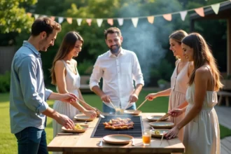 Groupe d'amis autour d'un barbecue dans le jardin