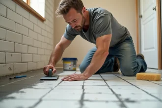 Artisan appliquant un joint époxy sur des carreaux de salle de bain existants avec une taloche en caoutchouc