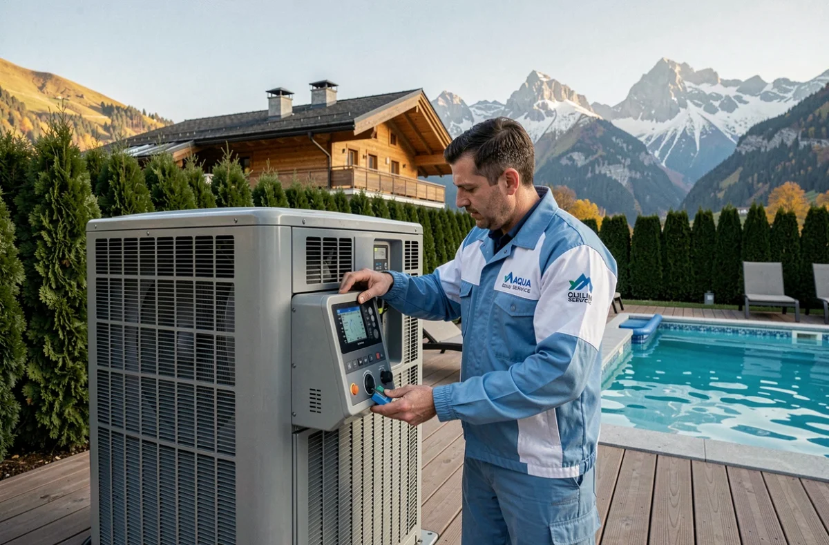 Technicien Aqua Clim Service effectuant la maintenance d'une pompe à chaleur piscine près d'un chalet de luxe en Haute-Savoie
