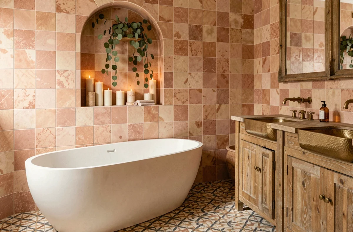 Salle de bain méditerranéenne avec zellige terracotta, baignoire ovale autoportante et robinetterie en laiton martelé, projet Archimaides Toulouse