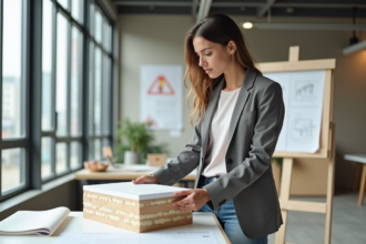 Architecte femme examine un mur isolant moderne dans un bureau