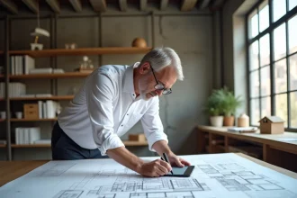 Architecte masculin analysant des plans 3D de chantier sur une table à dessin dans un studio d'architecture moderne