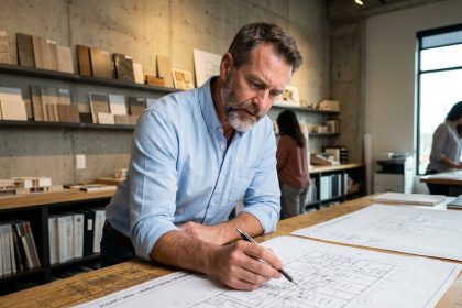 Architecte étudiant des plans de chauffage et d'eau chaude sanitaire sur une table à dessin dans un studio moderne