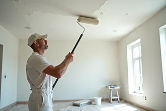 Artisan peintre appliquant une toile enduit sur un plafond avec un rouleau à extension dans une pièce en rénovation