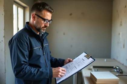 Artisan en veste de travail marine examinant un devis de rénovation sur chantier de cuisine en cours