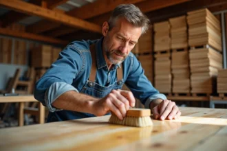 Homme en atelier appliquant huile de lin sur bois