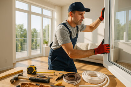 Artisan posant une fenetre moderne dans un salon lumineux