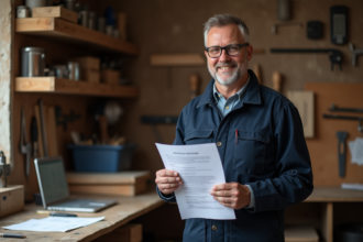 Artisan homme tenant papiers officiels dans son atelier