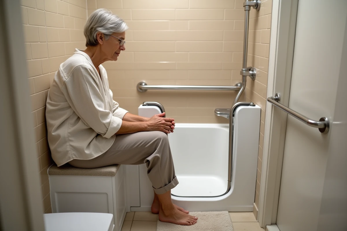 Femme âgée utilisant une baignoire à porte avec barres d'appui et siège intégré conforme aux normes d'accessibilité PMR