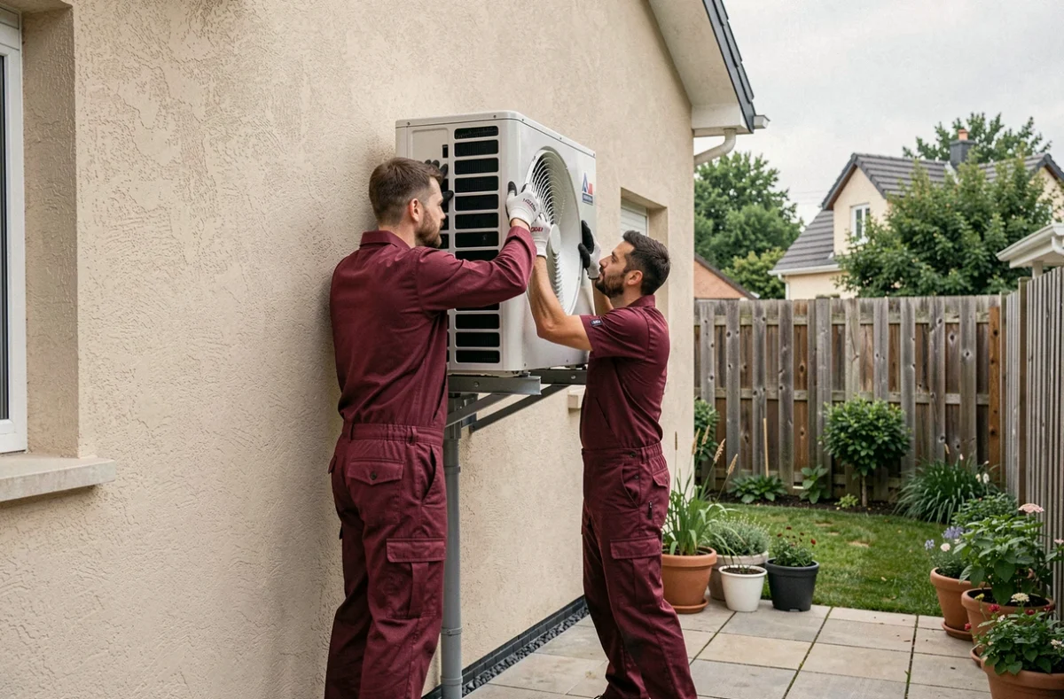 Deux techniciens Birgel Schmitt posant une unité extérieure de climatisation sur une maison de banlieue alsacienne