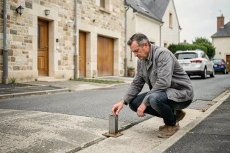 Propriétaire installant un bollard amovible devant son entrée de garage pour empêcher le stationnement sauvage