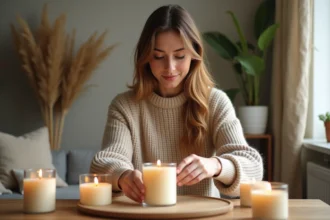 Femme arrangeant des bougies en cire naturelle dans un intérieur chaleureux