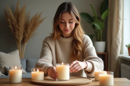 Femme arrangeant des bougies en cire naturelle dans un intérieur chaleureux
