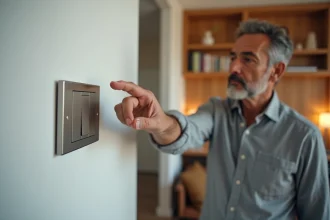Homme appuyant sur un bouton poussoir d'interrupteur électrique moderne dans un salon contemporain