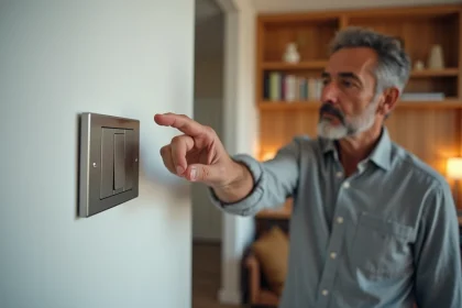 Homme appuyant sur un bouton poussoir d'interrupteur électrique moderne dans un salon contemporain