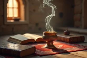 Brûle-encens arabe en laiton avec fumée de résine dans un coin de prière islamique traditionnel