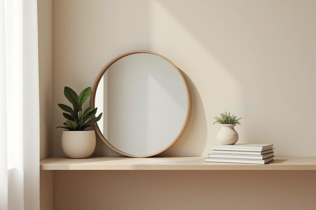 Coin bureau à domicile avec papier peint beige texturé et miroir rond agrandissant l'espace visuellement