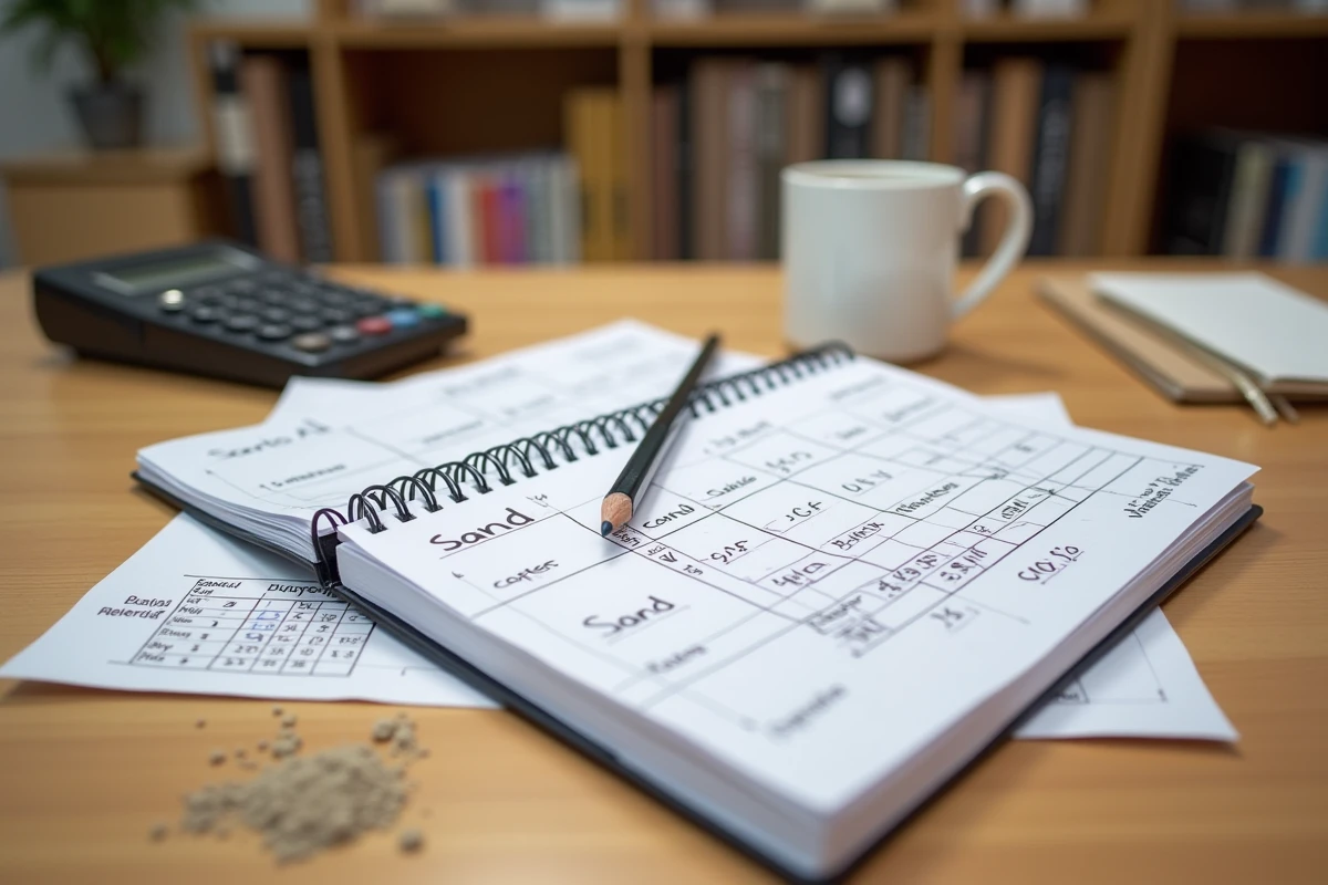 Carnet de calcul ouvert sur un bureau avec des formules de conversion poids sable en mètres cubes et une calculatrice