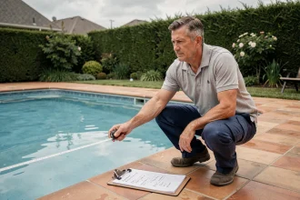 Technicien piscine mesurant les dimensions d'un bassin extérieur pour calculer le volume avant rénovation