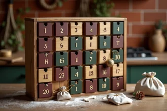 Calendrier de l'avent artisanal en bois avec 24 tiroirs numérotés sur une table de cuisine rustique, révélant des surprises gourmandes salées et sucrées