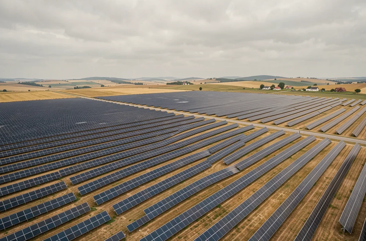 Vue aérienne grand angle d'une centrale solaire au sol avec des centaines de panneaux photovoltaïques alignés dans un paysage agricole rural