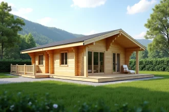 Chalet en bois habitable de 80m2 livré monté dans un cadre verdoyant avec terrasse et grandes fenêtres