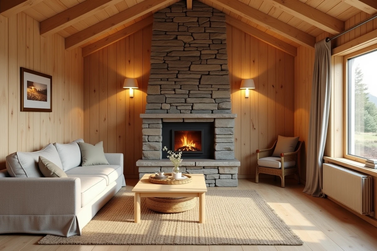 Intérieur chaleureux d'un chalet en bois habitable avec poutres apparentes et poêle à bois
