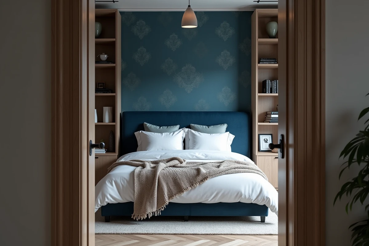 Vue panoramique d'une chambre parentale relaxante avec papier peint bleu marine damassé et tête de lit en velours pour un intérieur cocooning