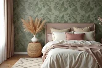 Chambre parentale cocooning avec papier peint botanique vert sauge et literie en lin crème pour une atmosphère relaxante