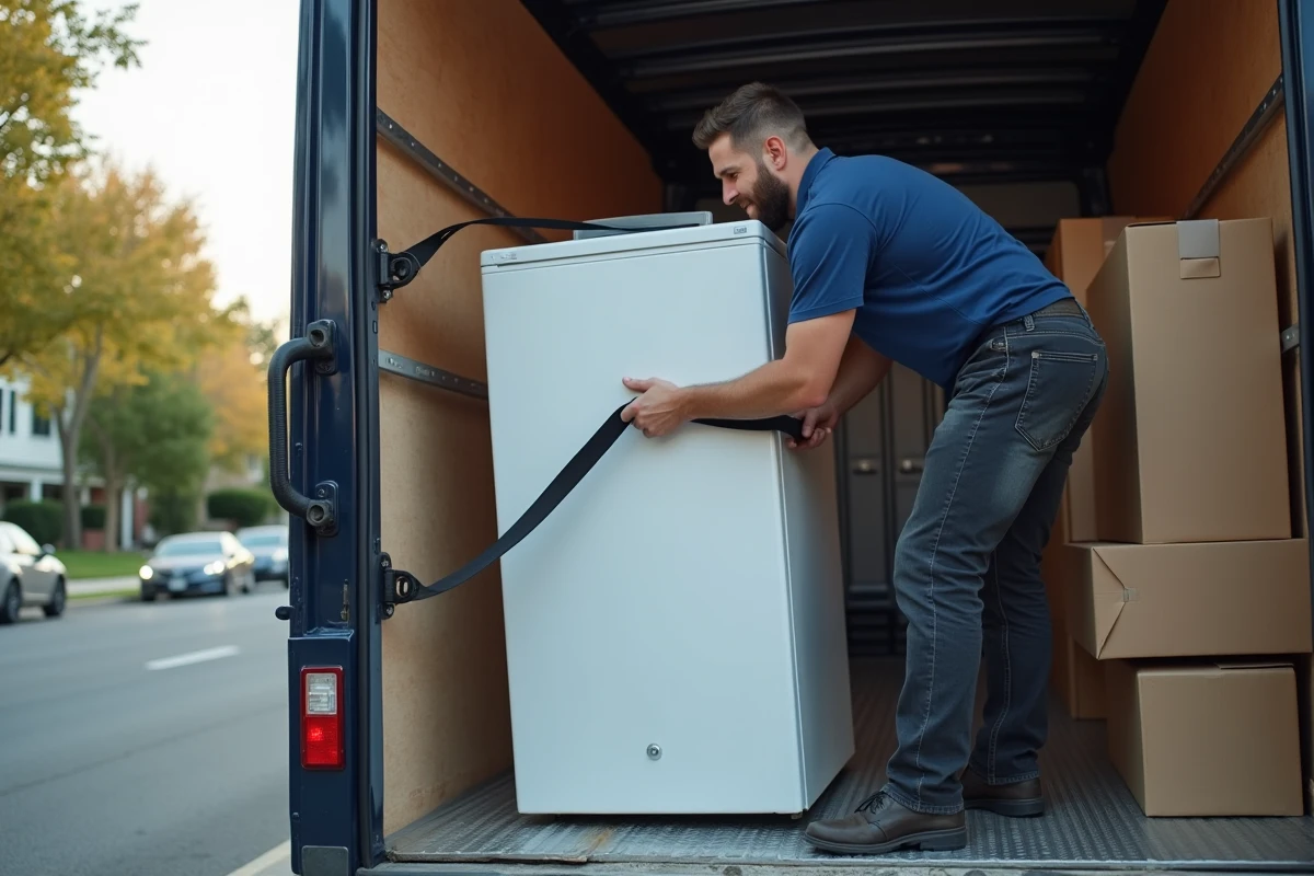 Homme déménageur sécurisant un gros appareil dans une camionnette