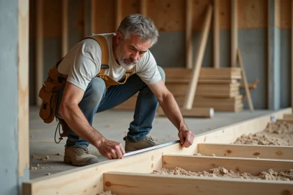 Charpentier mesurant l'entraxe entre deux bastaings en bois dans un plancher en cours de pose sur chantier