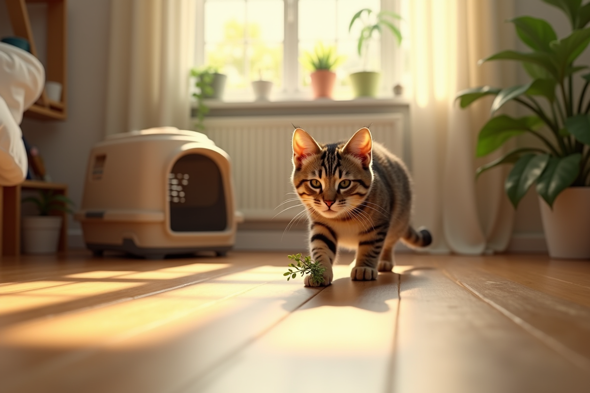 Chat tacheté explorant une maison ensoleillée et décorée