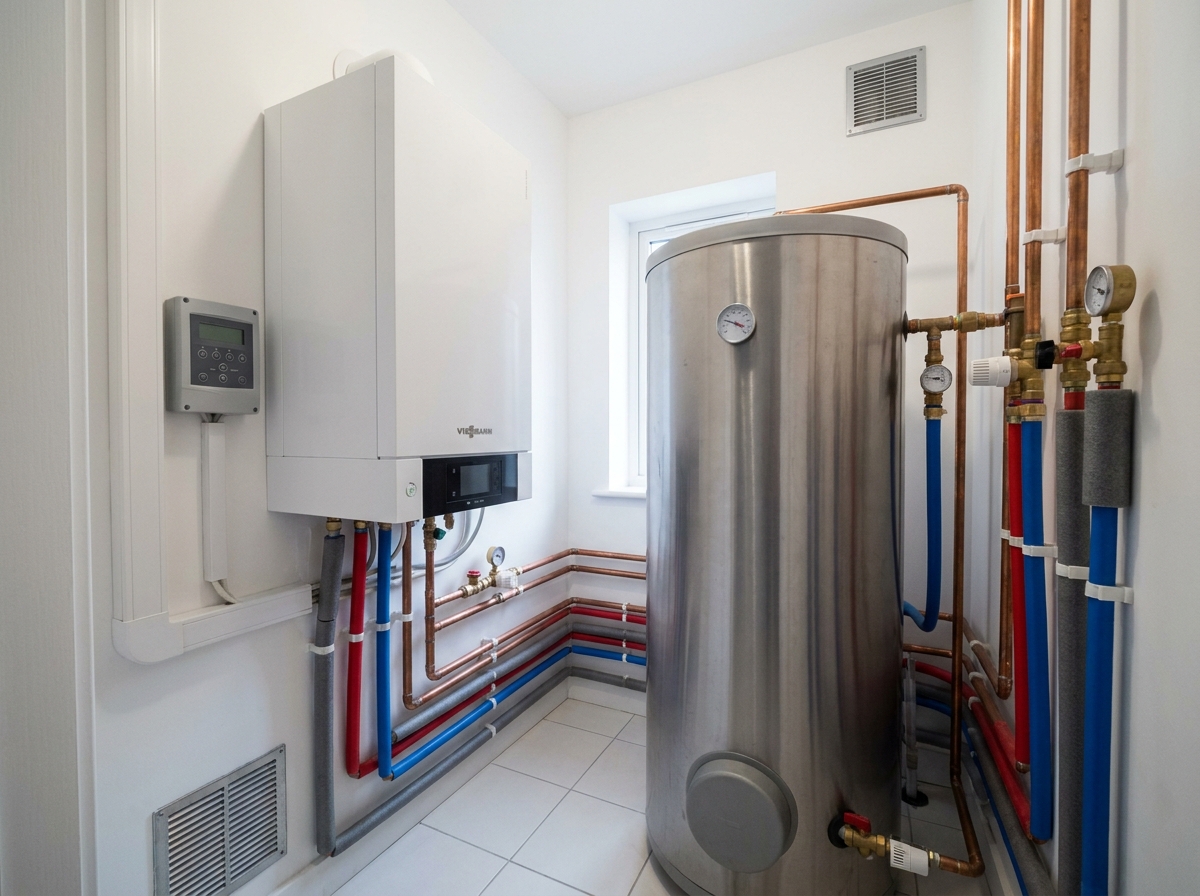 Chaufferie moderne d'une maison neuve avec chaudière à condensation et ballon d'eau chaude sanitaire installés