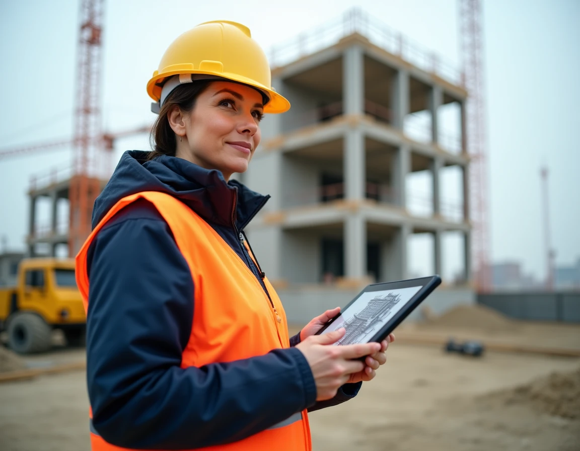 Chef de chantier féminine consultant un modèle BIM 3D sur tablette devant une structure en construction