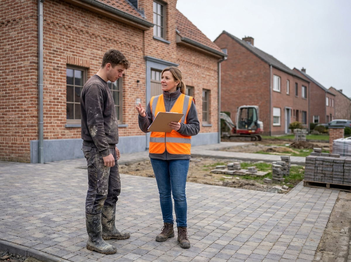 Cheffe de projet et maçon devant une maison en briques nouvellement construite en Belgique