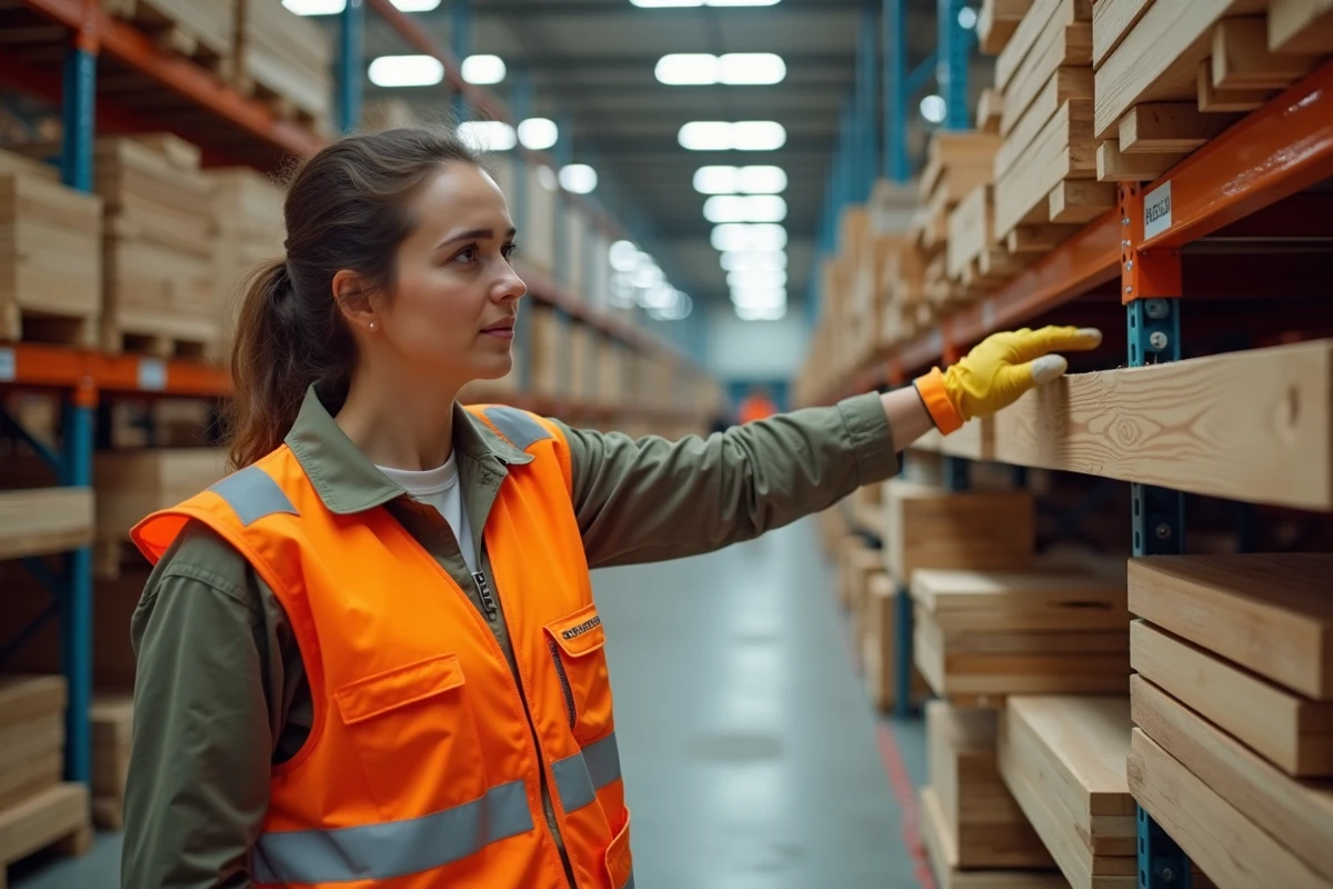 Employée de magasin de bricolage présentant des bastaings et madriers de différentes épaisseurs dans un rayon bois de construction