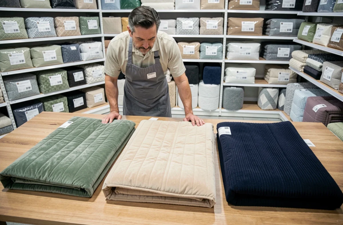 Trois housses clic-clac matelassées grande largeur présentées sur une table en magasin de textile