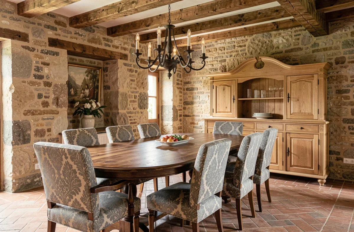 Salle à manger de caractère en mas en pierre avec grande table en noyer, chaises en damas et lustre en fer forgé, projet Christine Clavere