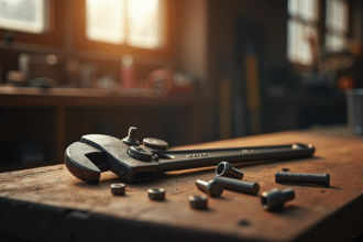 clé ajustable usée sur un établi en atelier
