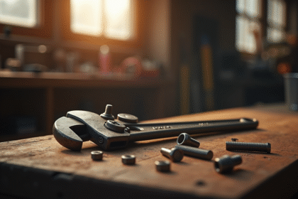 clé ajustable usée sur un établi en atelier