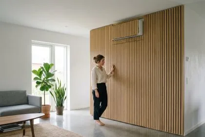 Climatisation murale dissimulée derrière un panneau en bois de chêne dans un salon moderne au style scandinave
