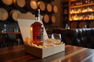 Coffret whisky avec bouteille et verres en cristal sur table en bois sombre, idéal pour offrir en cadeau