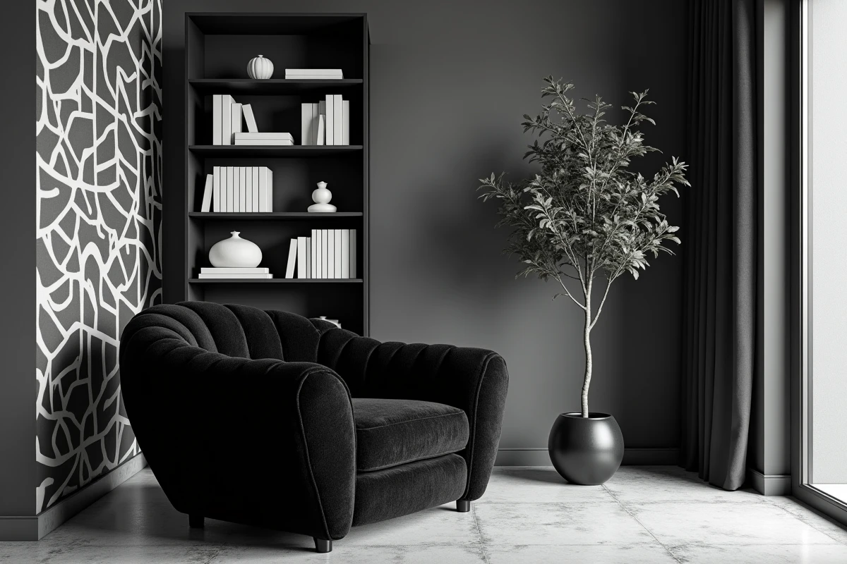 Coin lecture cosy en noir et blanc avec fauteuil bouclé noir, étagère en métal et mur géométrique graphique tendance 2026