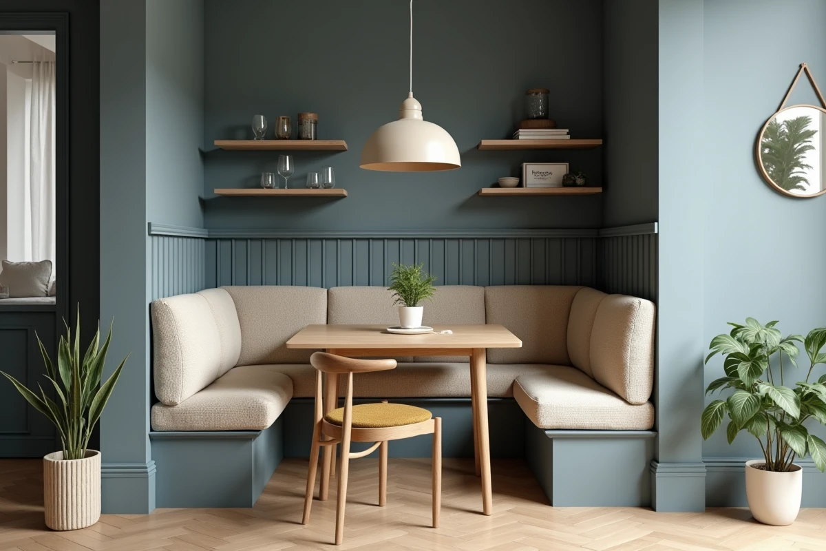 Coin repas en alcôve avec banquette bouclé et murs bleu-gris dans un espace ouvert compact