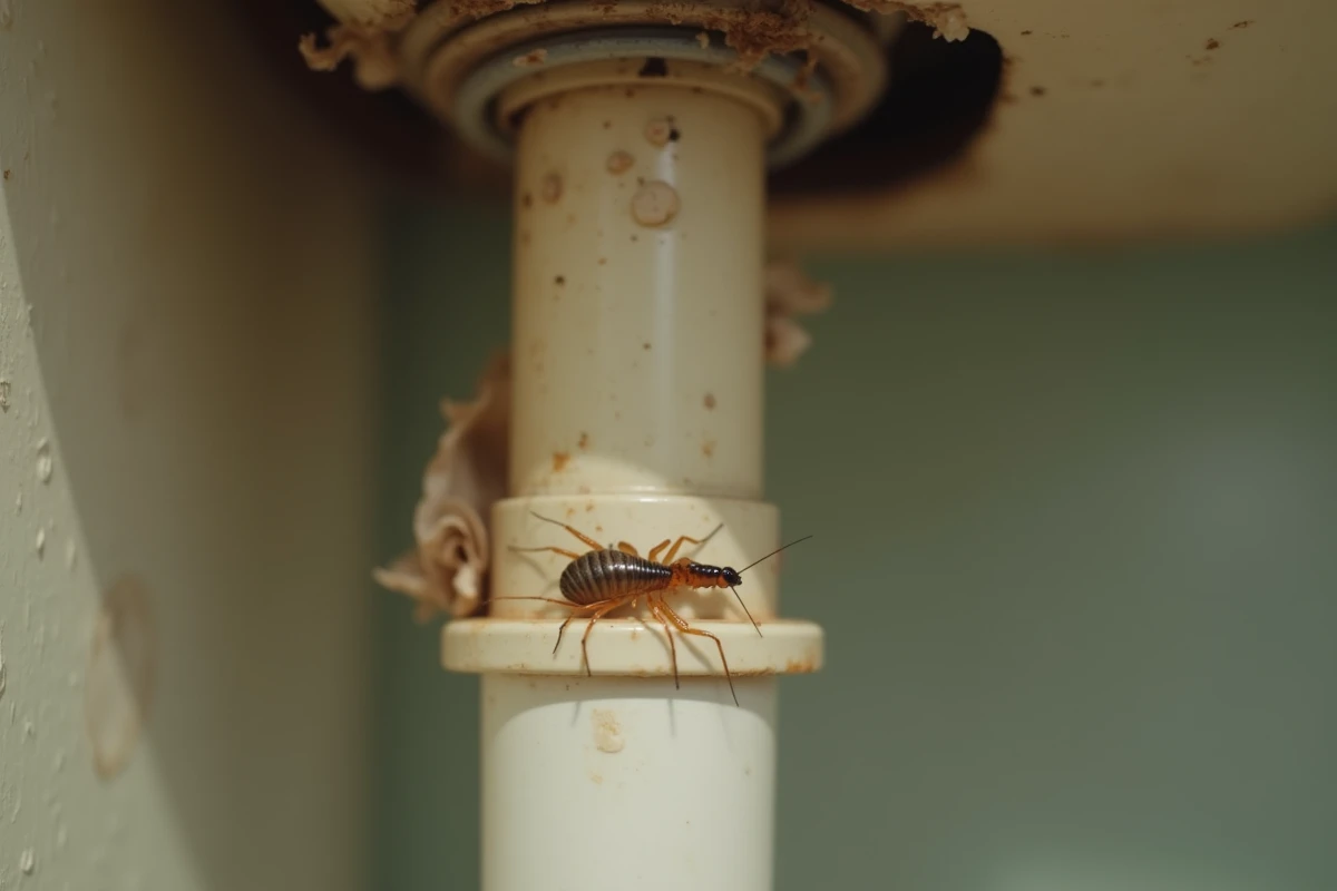 Insecte transparent collembole sur une canalisation humide sous un lavabo de salle de bain