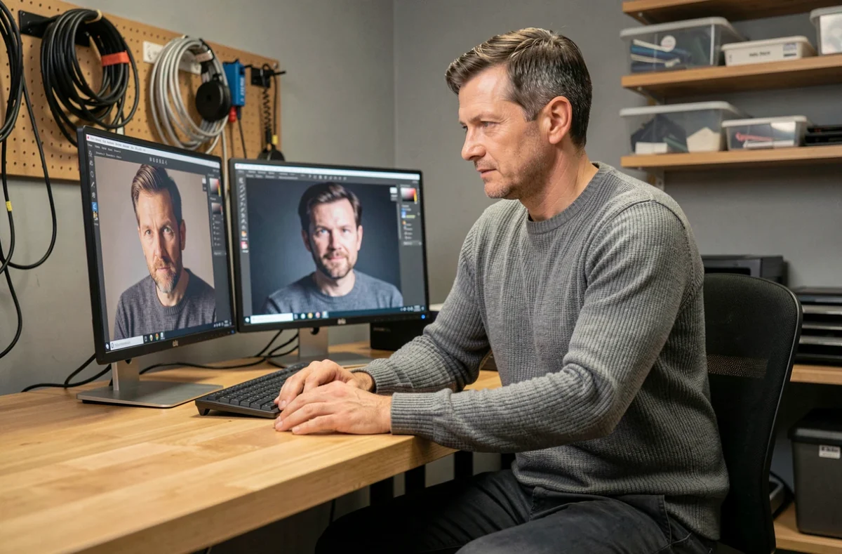 Photographe comparant deux écrans numériques pour choisir le meilleur rendu colorimétrique de ses photos dans un studio